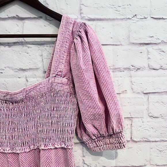 Free People Moon Flower Corduroy Mini Dress Size Medium Pink Puff Sleeve - Picture 6 of 12